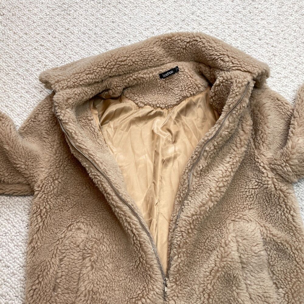 Boohoo Coat Womens 4 Brown Sherpa Jacket Full Zip Pockets Lined Polyester Soft - Picture 7 of 10